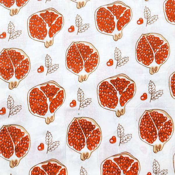 Pure Cotton White With Red Pomegranate Fruit Screen Print  Fabric