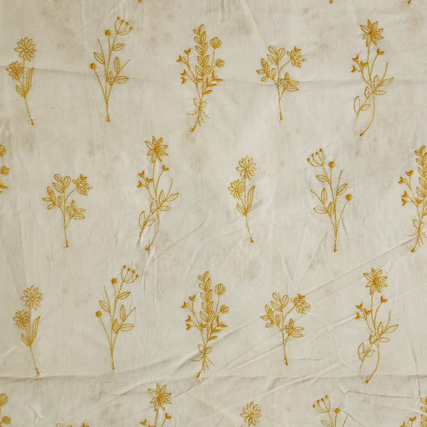 ( Width 44 Inches )Pure Cotton White With Yellow Assorted Plants Embroidered Fabric