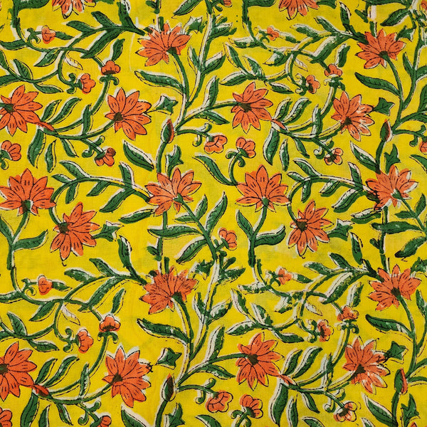 Pure Cotton Yellow Jaipuri With Orange Floral Jaal Hand Block Print Fabric