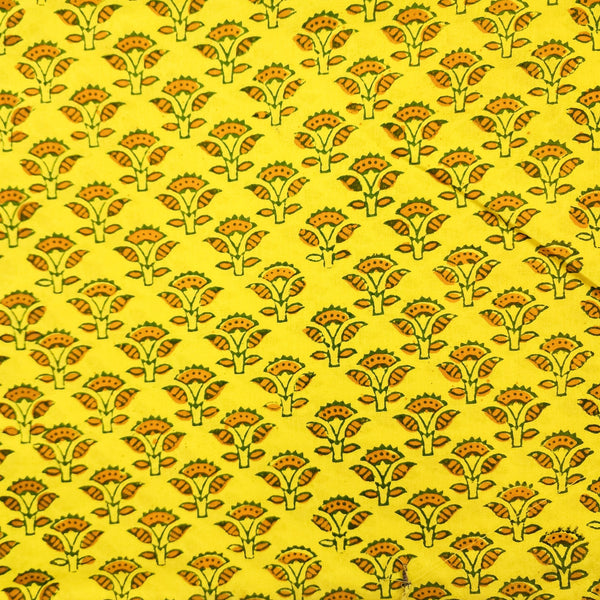 Pure Cotton Yellow With Green And Mustard Flower Bud Motif Hand Block Print Fabric