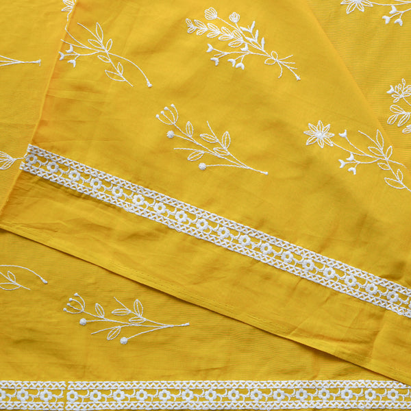 ( Width 44 Inches )Pure Cotton Yellow With White Assorted Flower Plants Embroidered Fabric