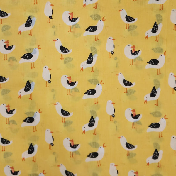 Pure Cotton Yellow With White Birds Screen Print Fabric