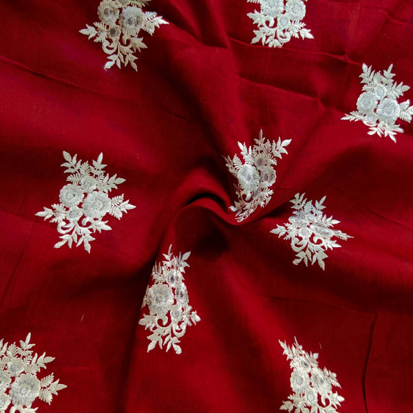 (Pre-Cut 1.80 Meter )Pure Glazed Cotton Maroon With Light Grey Embroiedered Fabric