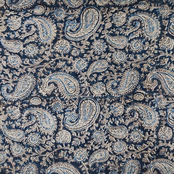 Pre-cut 1.60 meter Pure Mul Cotton Extra Soft Kalamkari Indigo With Kairis Motifs Hand Block Print Fabric