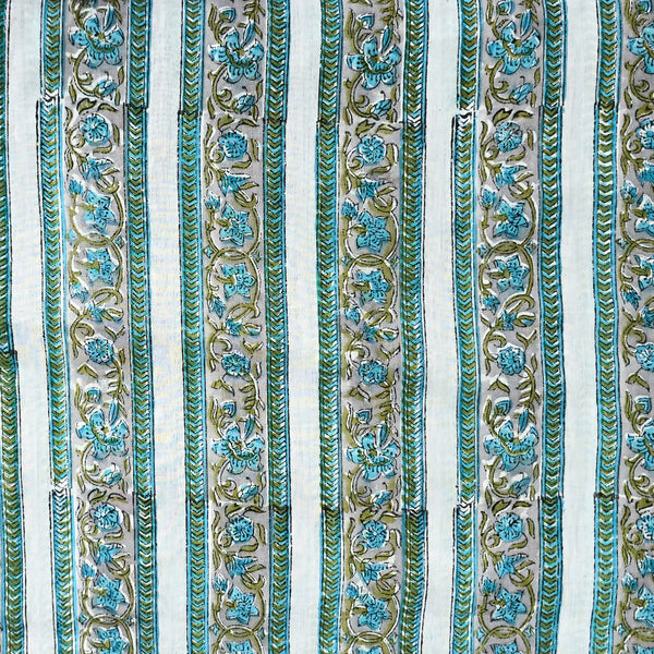 Pure Mul Cotton Jaipuri Grey With Blue Border Intricate Flower Creeper Hand Block Print Fabric Slightly Starch