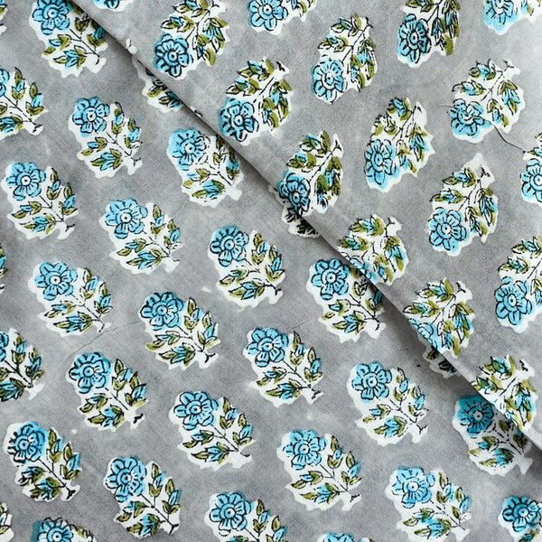 Pure Mul Cotton Jaipuri Grey With Blue Flower Motif Hand Block Print Fabric Slightly Starch