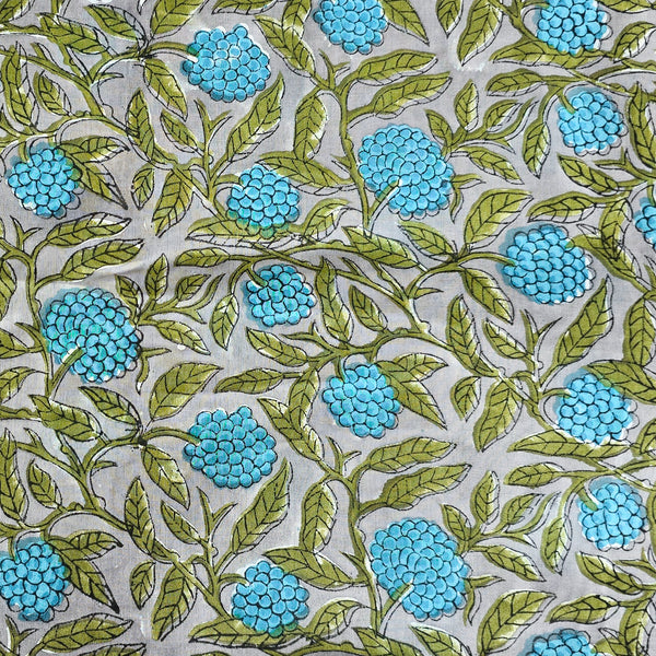 Pure Mul Cotton Jaipuri Grey With Blue Fruit Jaal Hand Block Print Fabric Slightly Starch