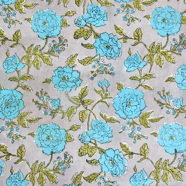 Pure Mul Cotton Jaipuri Grey With Blue Rose Flower Jaal Hand Block Print Fabric Slightly Stach