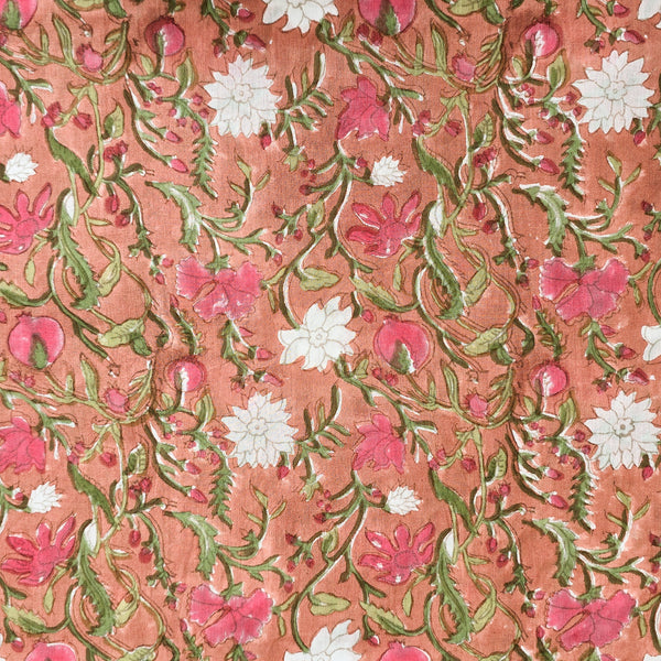 Pure Mul Cotton Jaipuri Peach With Pink And White Flower Jaal Hand Block Print Fabric Slightly Stach