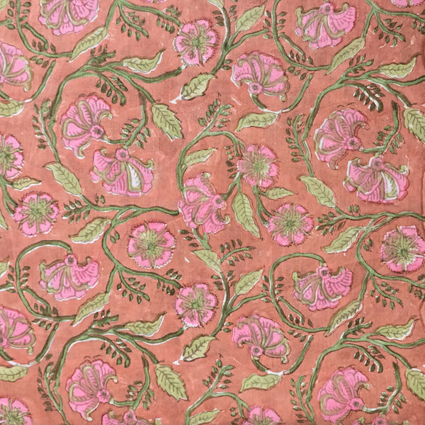 Pure Mul Cotton Jaipuri Peach With Pink Flower Jaal Hand Block Print Fabric Slightly Starch