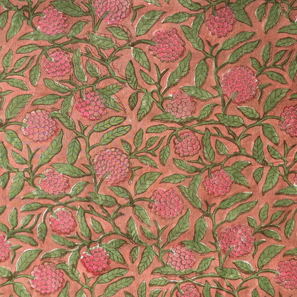 Pure Mul Cotton Jaipuri Peach With Pink Fruit Jaal Hand Block Print Fabric Slightly Stach