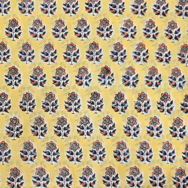 Pure Mul Cotton Jaipuri Yellow With Orange Flower Motif Hand Block Print Fabric Slightly Starch