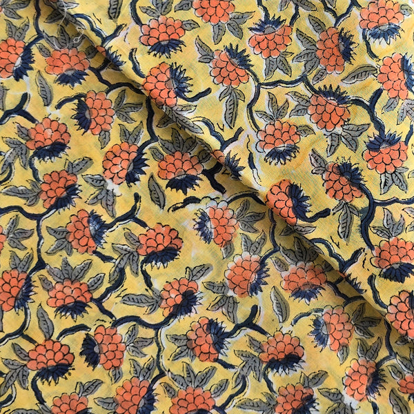 Pure Mul Cotton Jaipuri Yellow With Orange Fruit Jaal Hand Block Print Fabric Slightly Starch