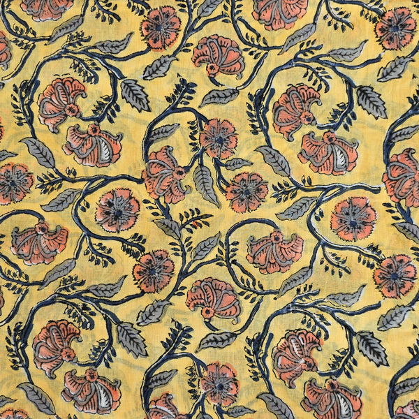 Pure Mul Cotton Jaipuri Yellow With Orange Jungle Flower Jaal Hand Block Print Fabric Slightly Starch