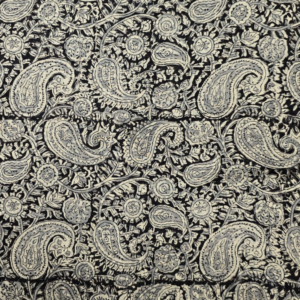 Pure Mul Cotton Kalamkari Black With Cream Kairi Jaal Hand Block Print Fabric