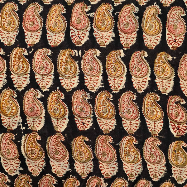 Pure Mul Cotton Kalamkari Black With Light Pink And Mustard Kairi Motif Hand Block Print Fabric