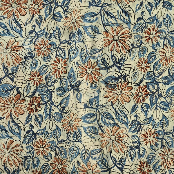 Pure Mul Cotton Kalamkari Light Cream With Blue Leaves Abd Rust Orange Flower Jaal Hand Block Print Fabric