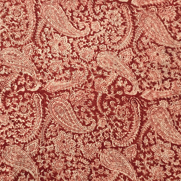 Pure Mul Cotton Kalamkari Red With Cream Kairi Jaal Hand Block Print Fabric