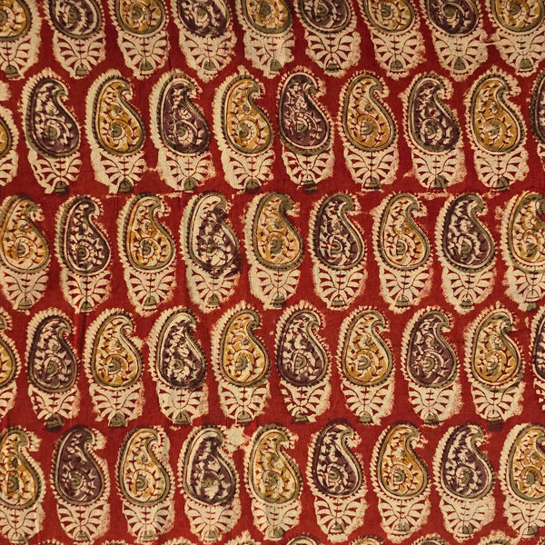 Pure Mul Cotton Kalamkari Red With Mustard Kairi Design Hand Block Print Fabric