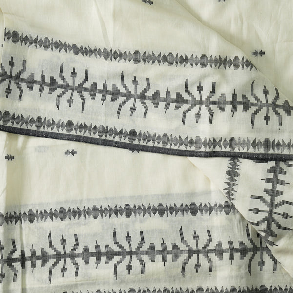 Pure Mul Cotton Soft Jamdani Cream With Black Border And Black Small Arrow Weaves Handwoven Fabric