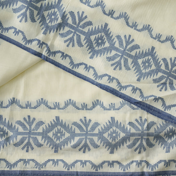 Pure Mul Cotton Soft Jamdani Cream With Blue Border And Blue Small Weaves Handwoven Fabric