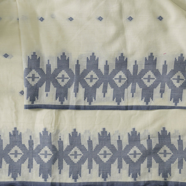 Pure Mul Cotton Soft Jamdani Cream With Blue Border And Blue Small Weaves Handwoven Fabric