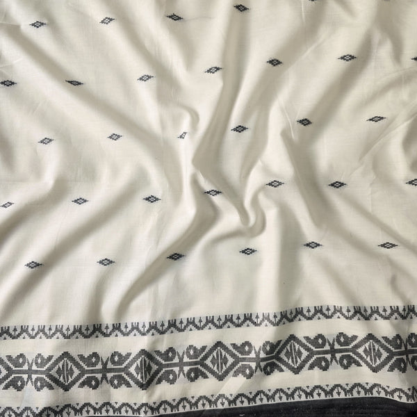 Pure Mul Cotton Soft Jamdani White With Black Intricate Design Border And Black Small Flower Handwoven Fabric