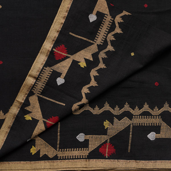 Pure Mul Jamdani Black With Light Browm Big Border Design Woven Fabric