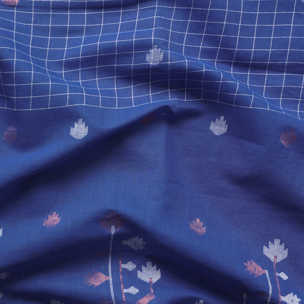 Pure Mul Jamdani Blue With White Checks And Big Border Fabric