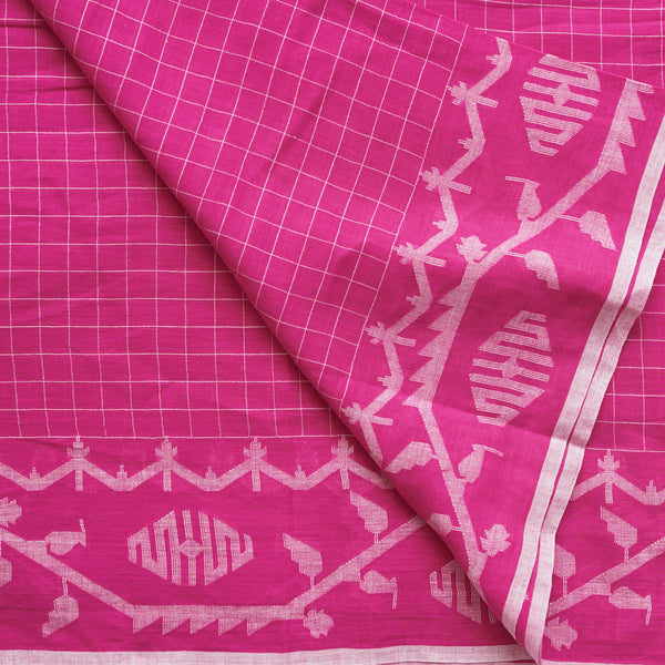 Pure Mul Jamdani Pink With White Checks And Big Border Woven Fabric