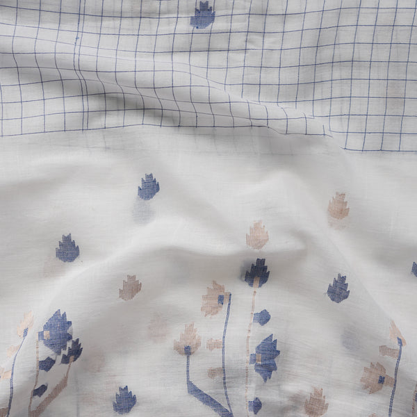 Pure Mul Jamdani White With Blue Checks  And Big Border Fabric