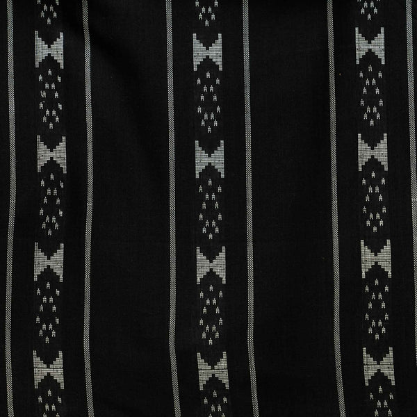 ( Pre-Cut 2.40 Meter ) Pure South Cotton Black Handloom With Facing Triangles Border Stripes Woven Fabric