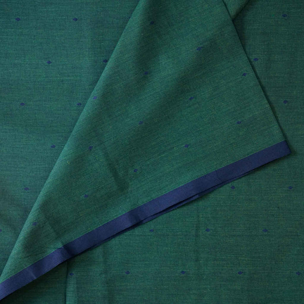 Pure South Cotton Handloom Dark Green With Navy Blue Dots Woven Fabric