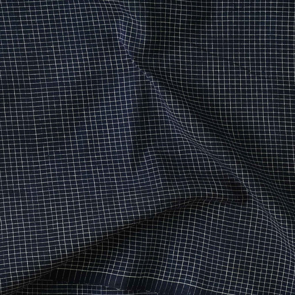 Pure South Cotton Handloom Navy Blue With White Small Checks Hand Woven Fabric