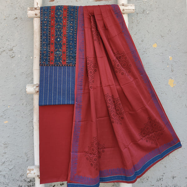 RADHIKA-Pure Cotton Ajrak Blue And Red Yoke Top And Rust Red Bottom And Cotton Dupatta