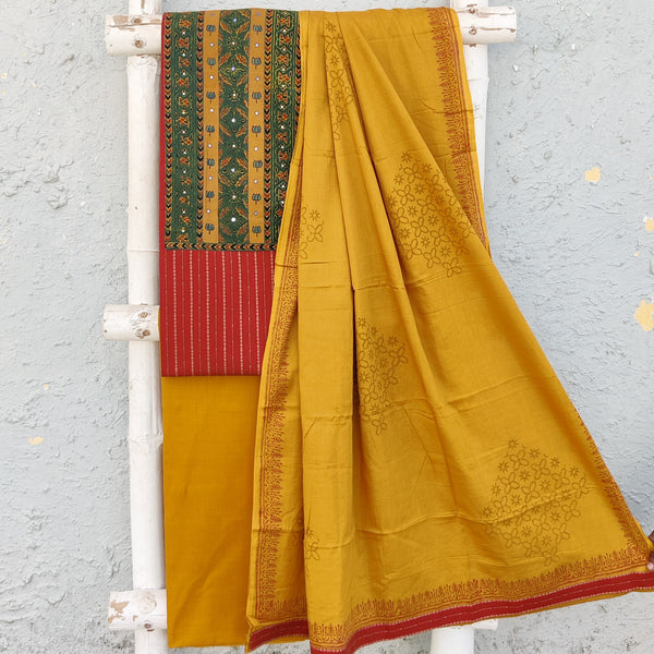 RADHIKA-Pure Cotton Handloom Maroon With Green Ajrak Yoke Top And Mustard Bottom And Cotton Dupatta