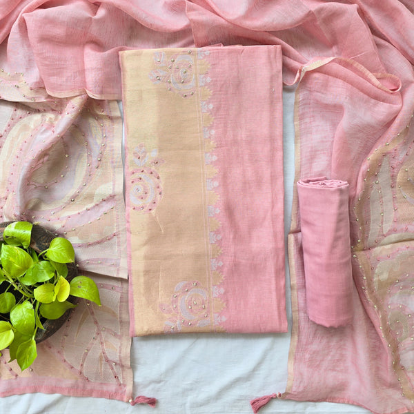 RANISA- Chanderi Pink With Golden Brocade Panel Top And Rayon Pink Bottom And Chanderi Dupatta