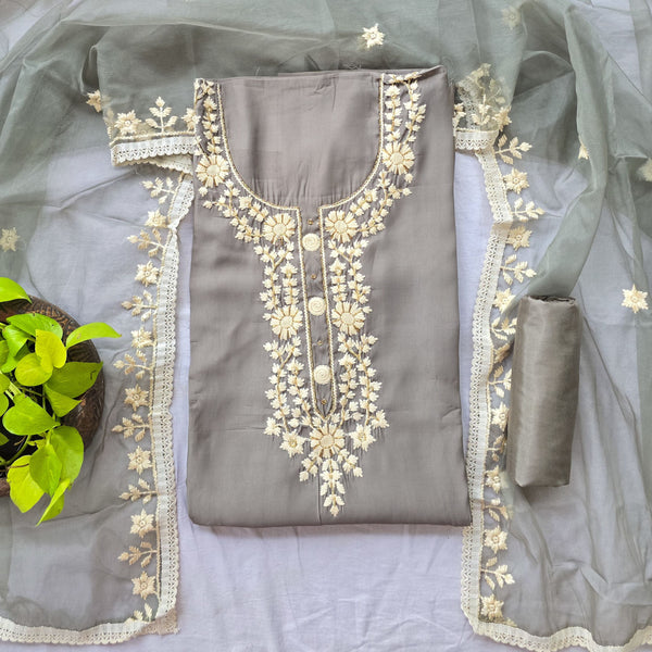 RANISA- Cotton Silk Grey With White Embroidery Neck  Design Top And Cotton Silk Grey Bottom And Organza Dupatta