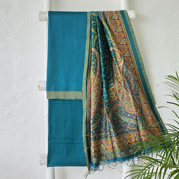 RAINSA-Cotton Silk Teal Blue Plain Top And Rayon Teal Blue Bottom And Digtal Print Dupatta