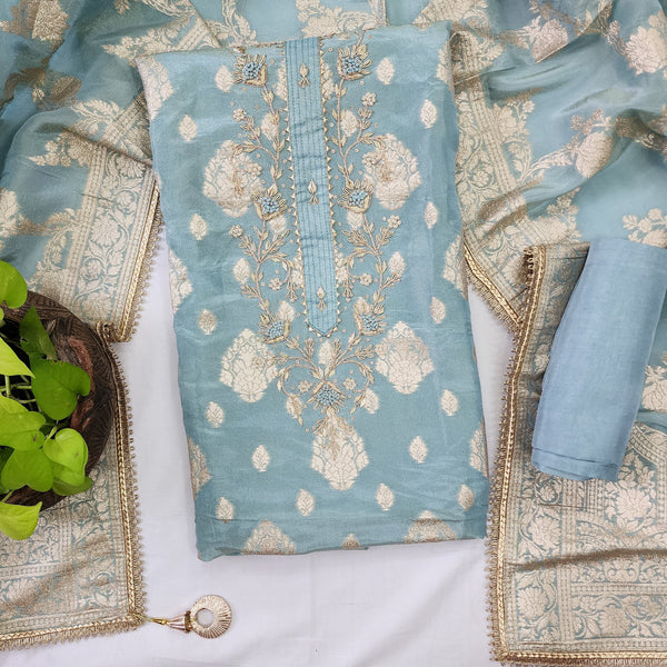 RANISA-Cotton Silk Light Blue Heavy Design Top And Cotton Silk Rayon Blue Bottom And Heavy Brocade Dupatta Suit