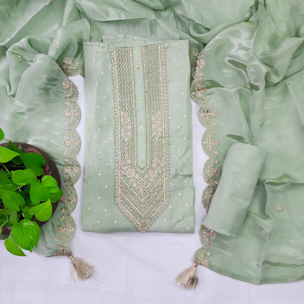 RANISA- Cotton Silk Mint Green Aari Work Yoke Top And Rayon Mint Green Bottom Cotton Silk Dupatta With Aari Work Suit