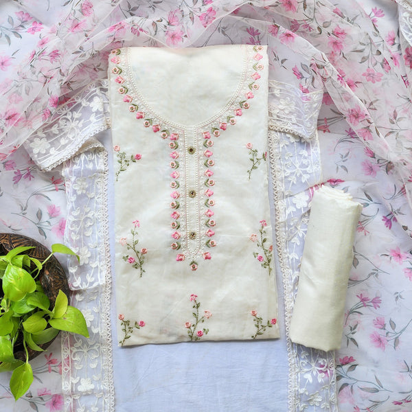 RANISA-Cotton Silk White With Pink Emboiderey Yoke Top And Cotton Silk Bottom And Organza Dupatta