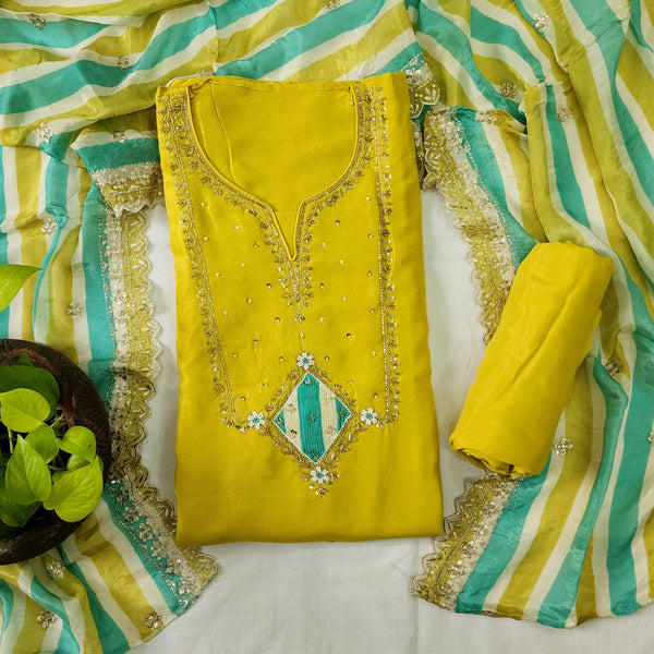 RANISA-Cotton Silk Yellow With Neck Aari Work Yoke Top And Yellow Rayon Bottom And Muslin Dupatta