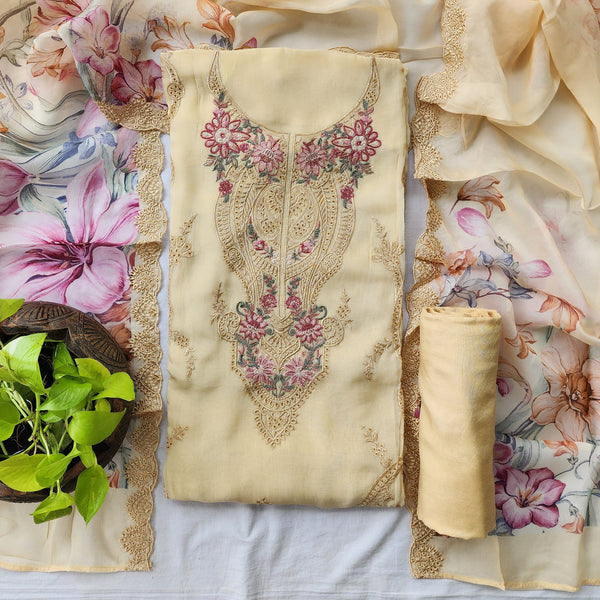 RANISA-Georgette Cream With Heavy Embroidery Yoke Top And Plain Rayon Bottom And Georgette Dupatta