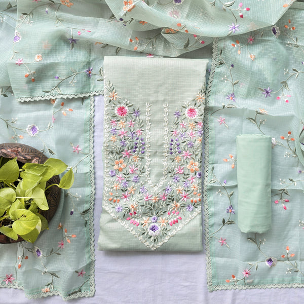 RANISA-Kota Dori Mint Green With Flower Embroidery Yoke Top And Cotton Bottom And Kota Dori Dupatta