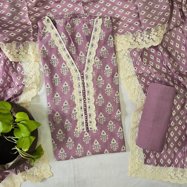 RANISA-Mulsin Purple With Lace V Neck Top And Purple Rayon Bottom And Muslin And Lace Dupatta