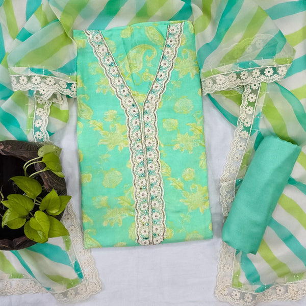 RANISA-Muslin Green With Heavy Aari Work V Neck Top Green Rayon Bottom And Muslin And Net Emboiderey Dupatta Suit