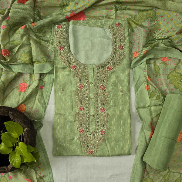 RANISA- Muslin Light Green With Heavy Aari Work Neck Yoke And Rayon Light Green Bottom And Muslin Dupatta