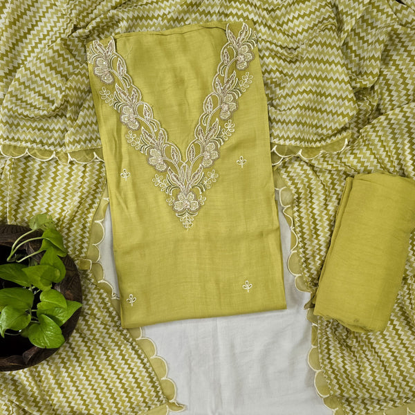 RANISA-Muslin Mustard With Heavy Aari Work V Neck Top Mustard Rayon Bottom And Muslin And Net Emboiderey Dupatta Suit