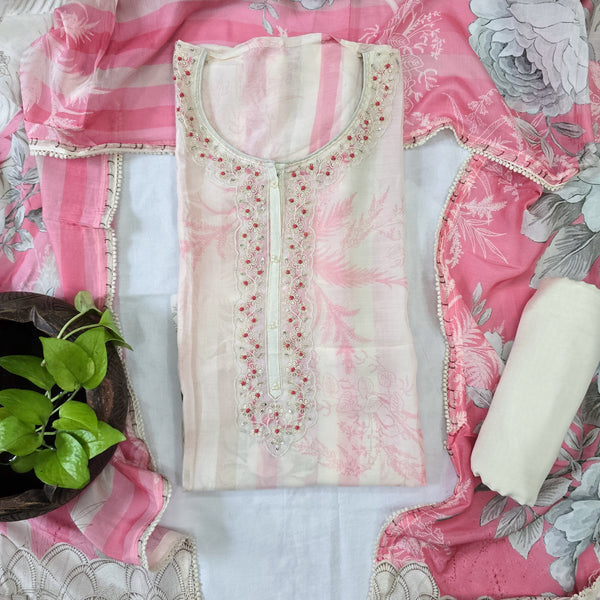 RANISA-Muslin Off White With Pink And Heavy Aari Work Top And Off White Rayon Bottom And Muslin  Dupatta Suit